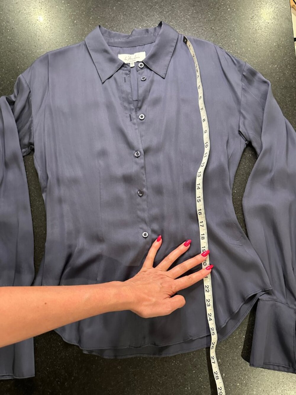 NWOT | L'Academie Bastina Satin Button Down Blouse | Navy Blue | Size S - Picture 10 of 12